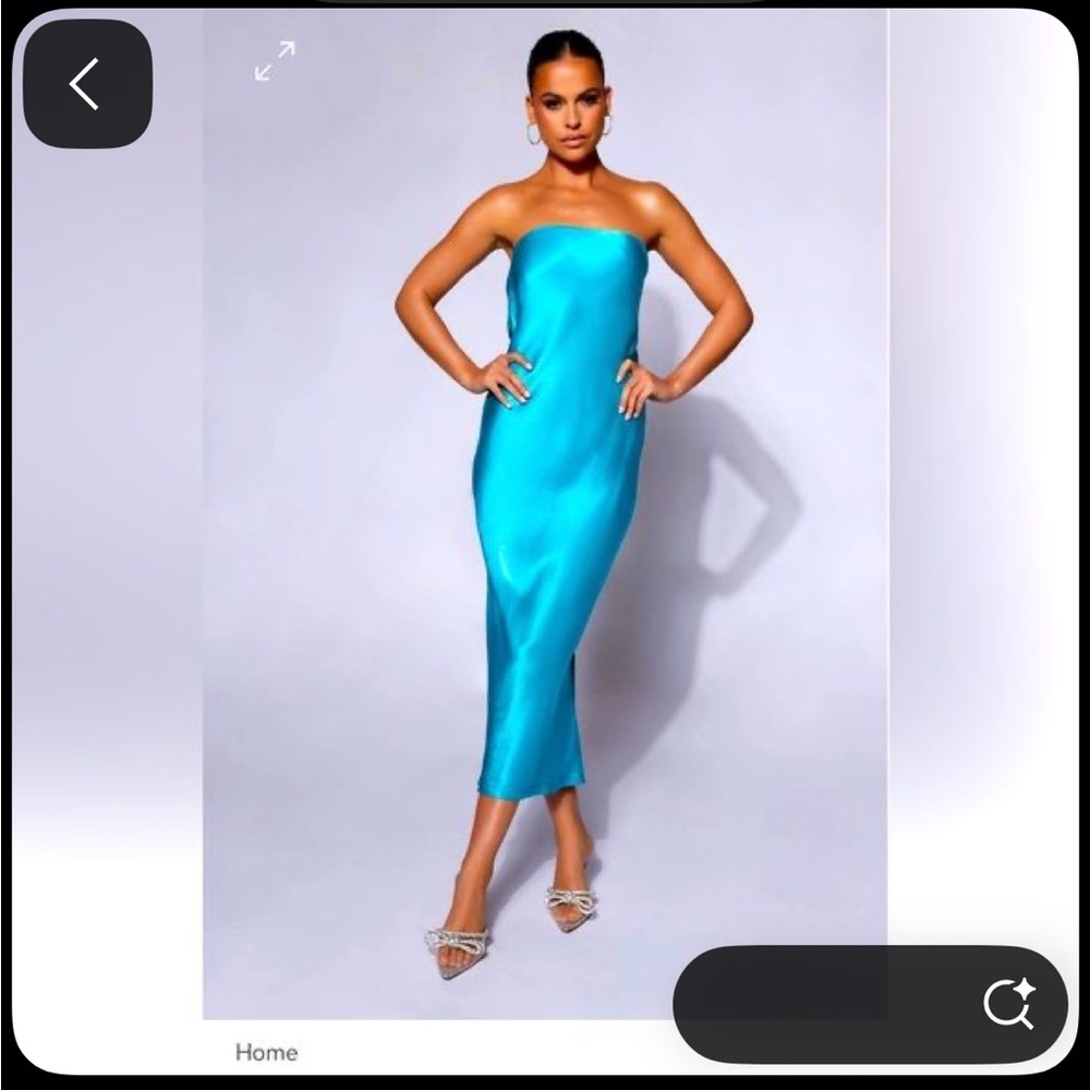Meshki Strapless Satin Midi Dress in Turquoise Blue